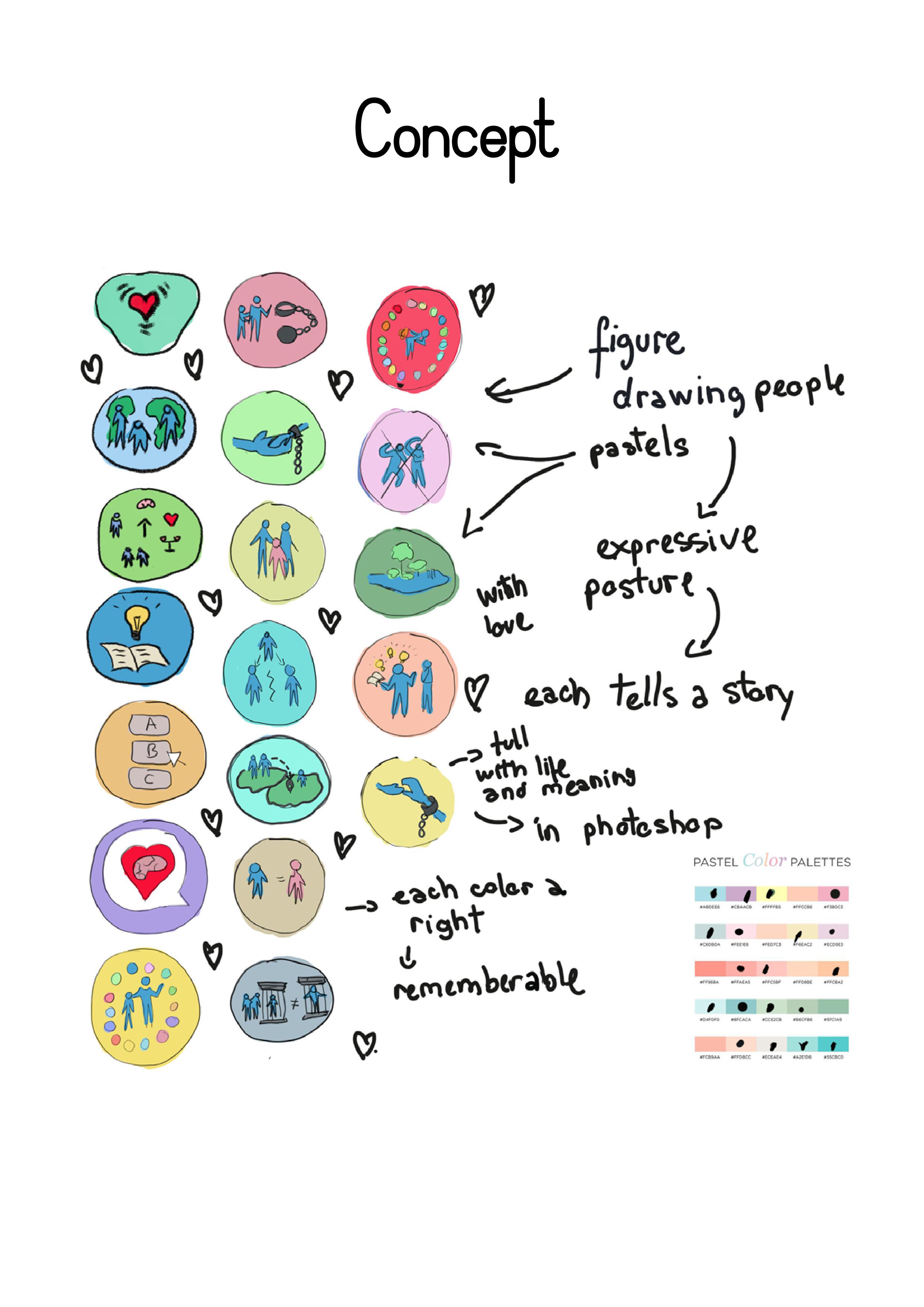 Concept sketches and pastel colour exploration for the icon system