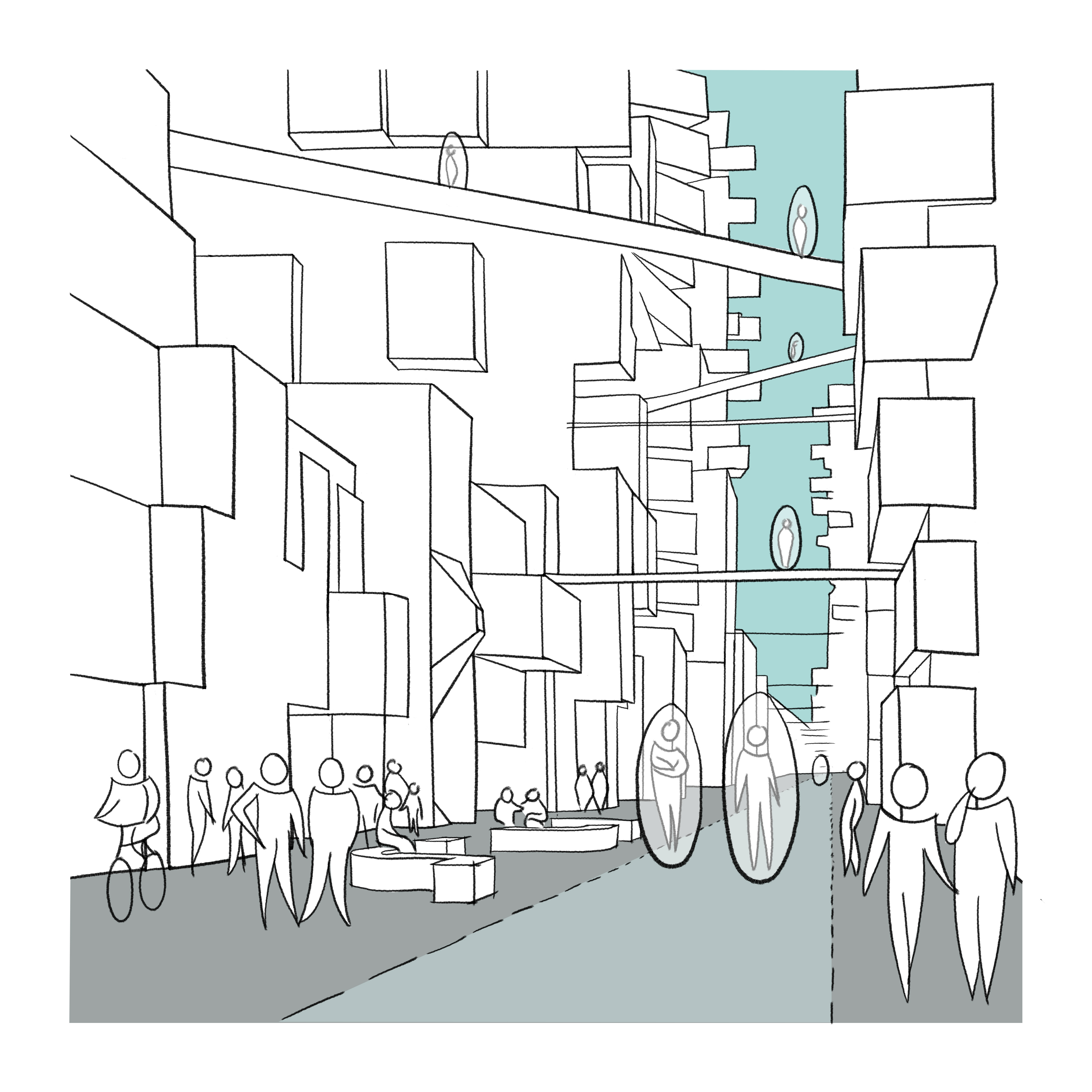 The urban scene begins as a sparse framework of buildings, routes and people.