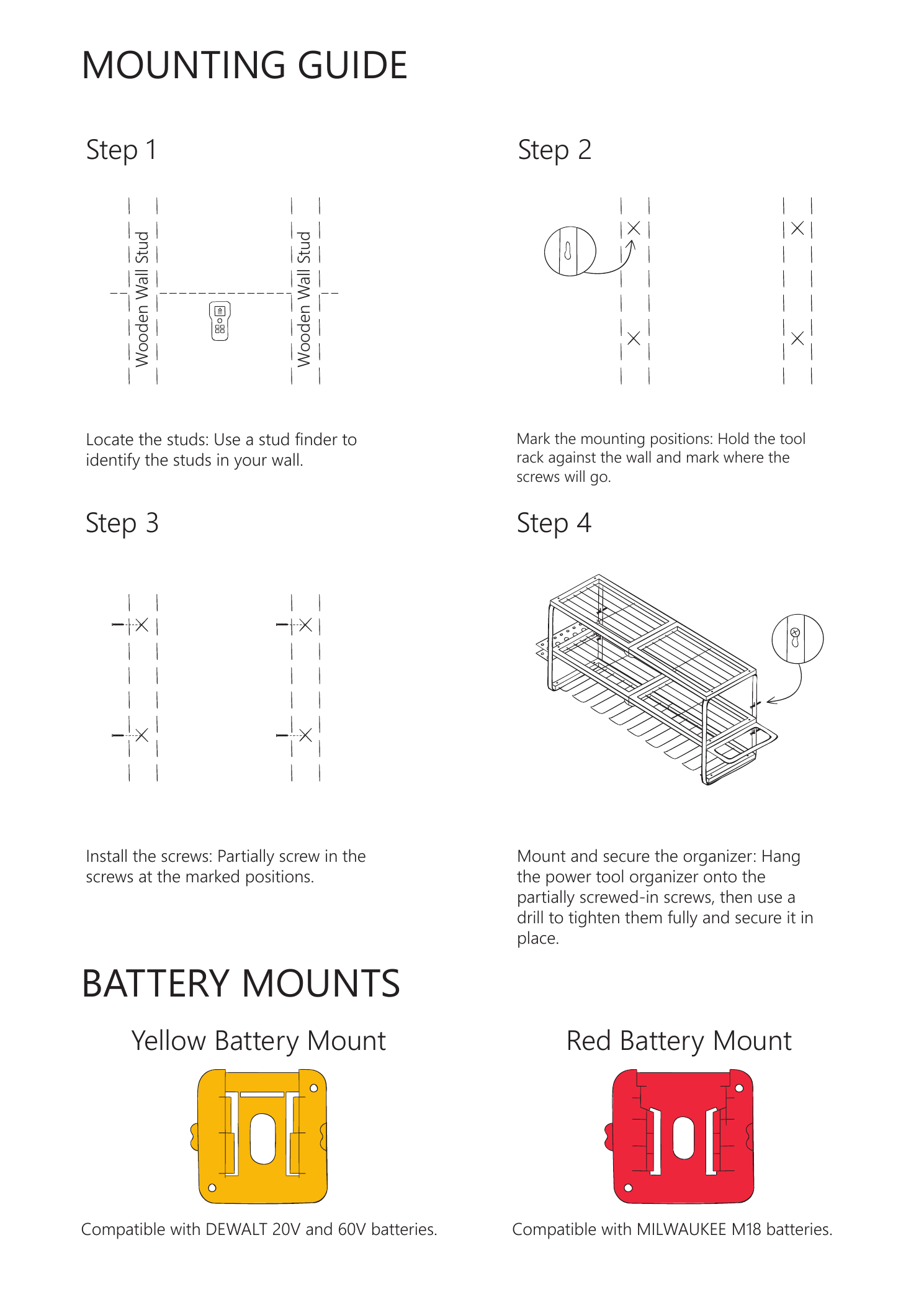 Complete Mounting Guide page with wall mounting steps and battery mounts