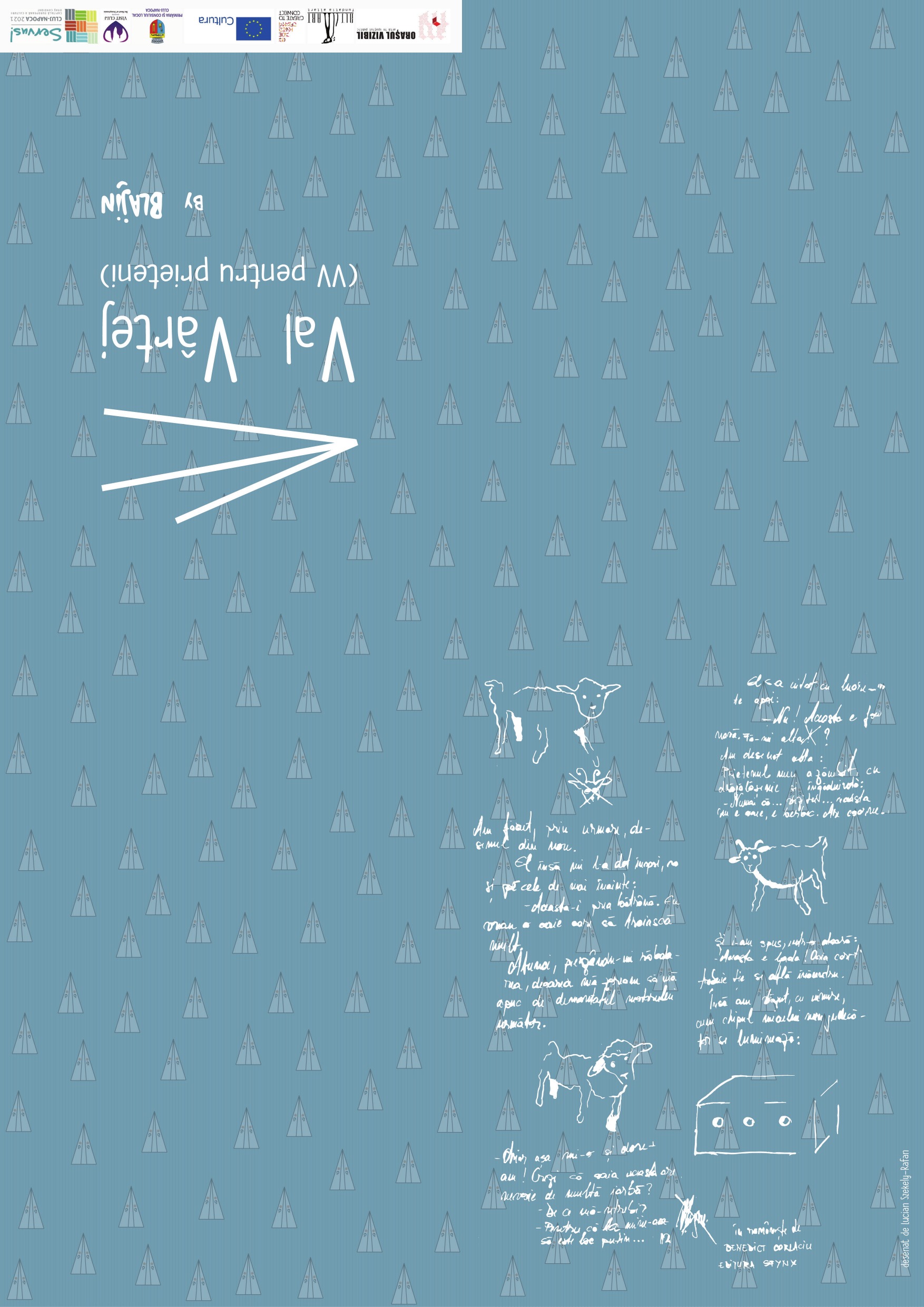 Reverse side of the aviation brochure with paper-plane pattern and handwritten story notes